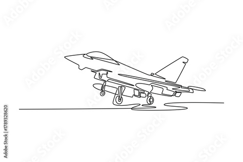 Fighter Jet Take Off from Military Airport Runway. Landing and take off plane concept. Single line draw design. Vector graphic illustration