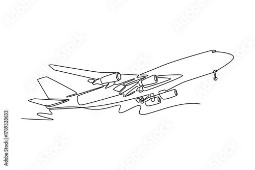 airplane aircraft taking off or take off or landing. Landing and take off plane concept. Single line draw design. Vector graphic illustration