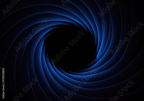 Abstract dark blue spatial vortex featuring infinite layers of complex geometric forms receding into enigmatic depth and shadow ,theoretical ,mysterious ,convergence