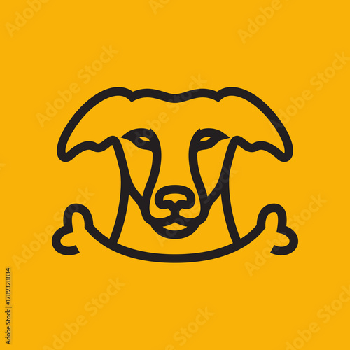 Minimalist dog head and bone line art logo design icon.