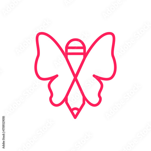 Creative pencil with butterfly wings line art logo icon.