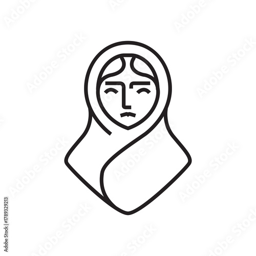 Simple line art icon of a sad woman wearing a headscarf.