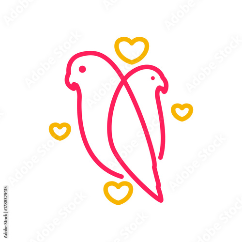 A simple line art illustration of two pink lovebirds surrounded by yellow hearts.