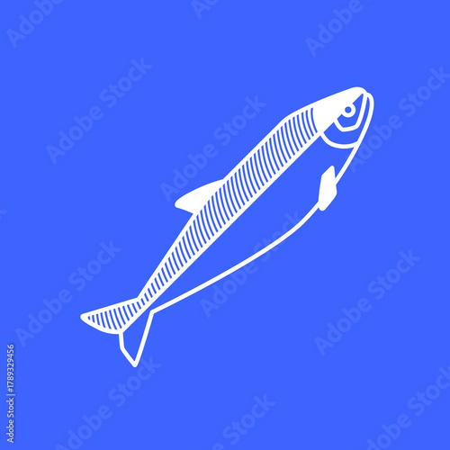 Minimalist white line art drawing of a sardine fish on a solid blue background.