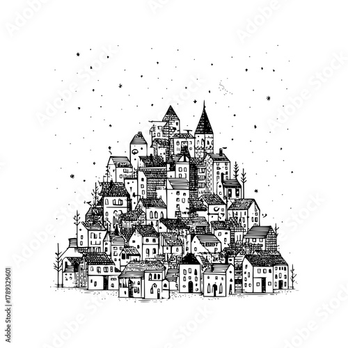 Hand drawn cityscape illustration of european village with houses and buildings architecture sketch art 100