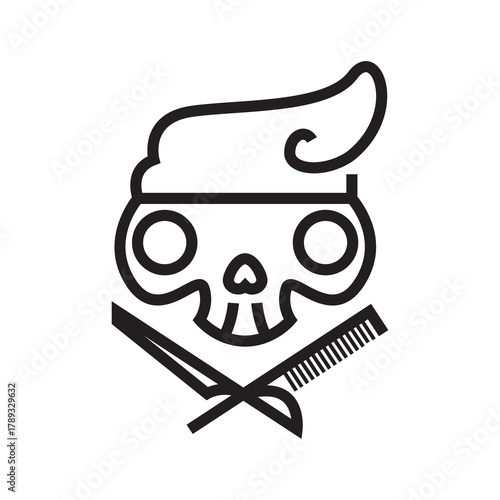Barbershop skull logo with pompadour hair and crossed razor comb.