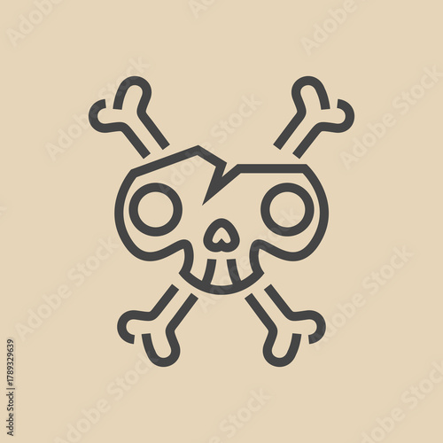 Stylized cracked skull and crossbones line art icon.