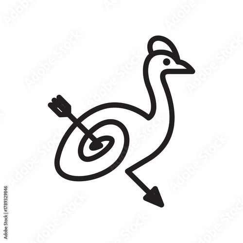 Monochrome line art icon of a bird with a spiral target body pierced by an arrow.