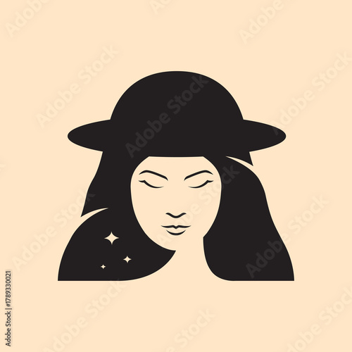 Surreal minimalist illustration of a woman with a UFO hat and cosmic hair.