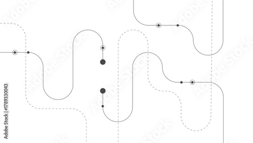 Vector curves, twisted u curve, s curve, points, dot, circles and dashed lines, white background.