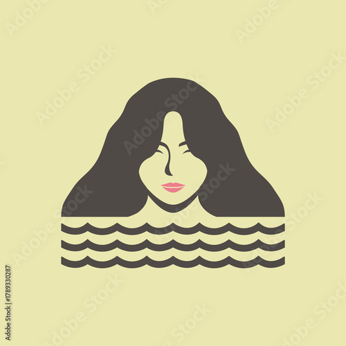 Minimalist flat design illustration of a serene woman in the water.
