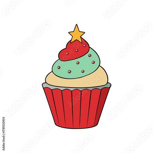 Festive cupcake with red frosting green frosting and a star on top isolated on white background