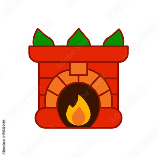Cartoon illustration of a cozy brick fireplace with a warm fire and green decorative elements isolated on white background