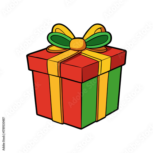 A festive red and green gift box with a yellow ribbon and bow isolated on white background