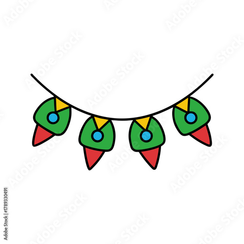 Colorful cartoon rocket shaped garland decoration with yellow triangles and blue circles isolated on white background