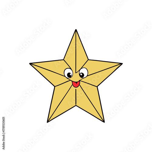 Funny cartoon yellow star character with big eyes and tongue sticking out isolated on white background