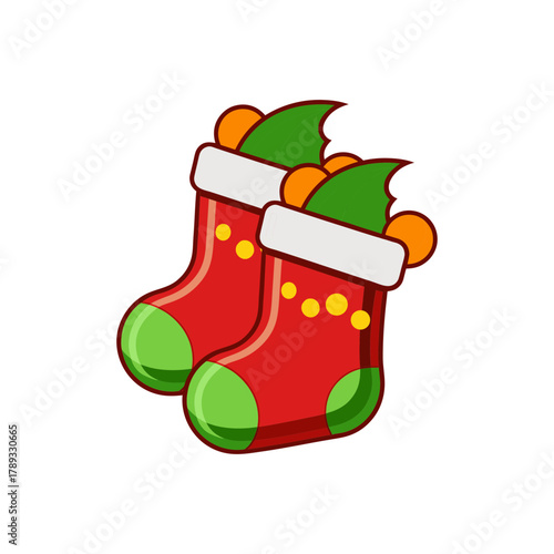Two festive red christmas stockings with green toes and white cuffs isolated on white background