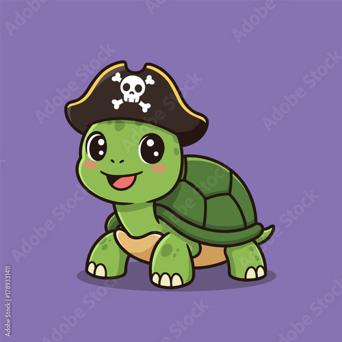 Cute cartoon turtle mascot wearing a black pirate hat with a skull and crossbones emblem.