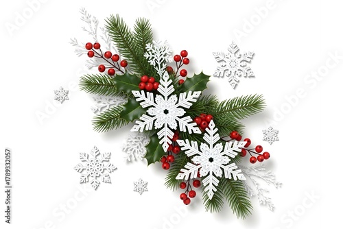 Christmas Winter Decoration with Snowflakes and Pine Branches Isolated on White Background