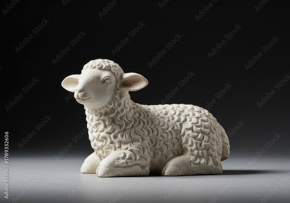 Obraz premium Elegant white marble lamb figurine depicting innocence and purity, showcased as a timeless piece of decorative sculpture art ,marble ,vintage ,religious