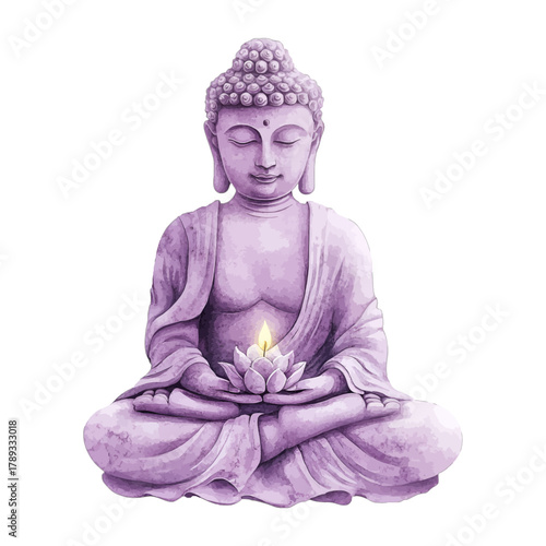 Watercolor Purple Meditating Buddha Statue with Lotus Flower and Candle Vector
