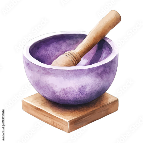 Watercolor Purple Mortar and Pestle with Wooden Base Vector
