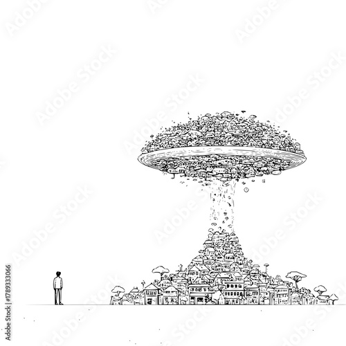 Conceptual art of a floating city with houses and buildings in black and white surreal landscape drawing