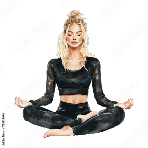 Blonde Woman Meditating in Black Athleisure Yoga Pose Vector Illustration
