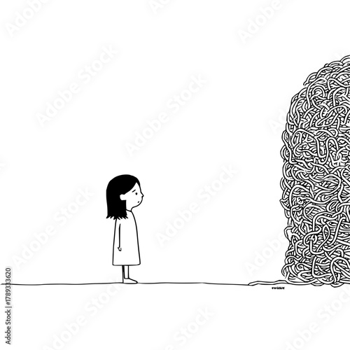 Little girl facing spaghetti monster doodle art illustration black and white minimalist line drawing simple design