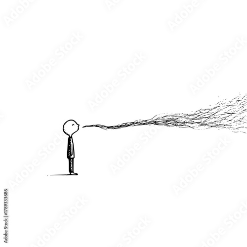 Minimalist art of a person speaking with long speech bubble illustration on white background design concept