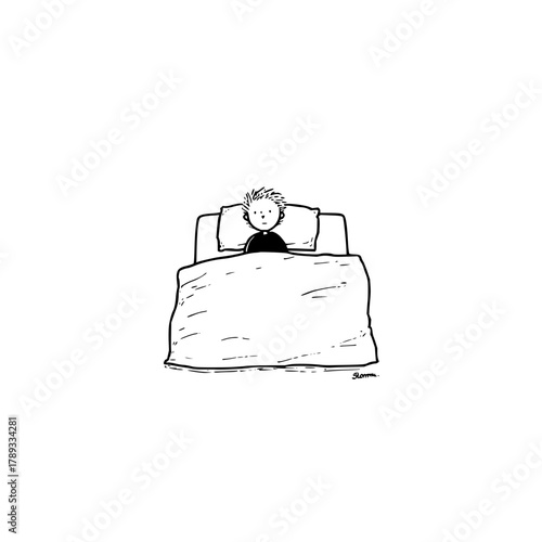 Illustration of insomnia sleeplessness person in bed unable to sleep at night awake cartoon drawing art 100
