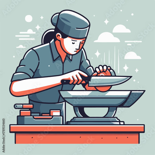 Illustration of a woman sharpening a knife