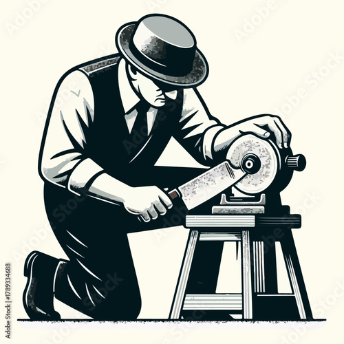 Illustration of a man sharpening a knife