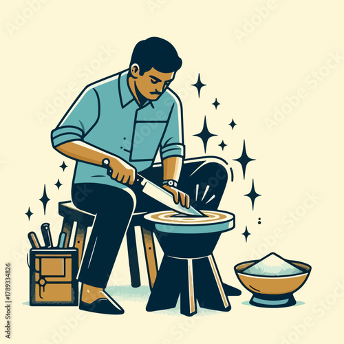 Illustration of a man sharpening a knife