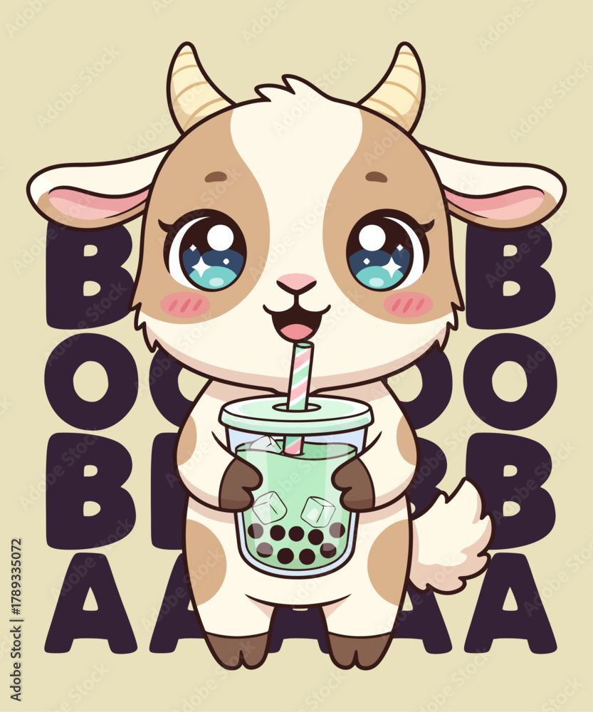 Fototapeta premium Cute Baby Goat Drinking Boba Tea T-Shirt Design – Adorable Bubble Tea Animal Illustration, Funny Kawaii Cartoon Farm Animal Graphic for Animal Lovers, Cute Artwork, Sublimation Print