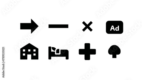 Essential flat black vector icons set for UI, web, and app design. Includes arrow, house, bed, plus, minus, cross, ad, tree symbols.