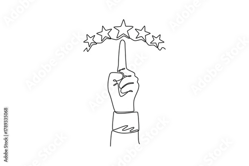Hand of client giving a five star rating. Service rating. Product rating concept. Single line draw design. Vector graphic illustration