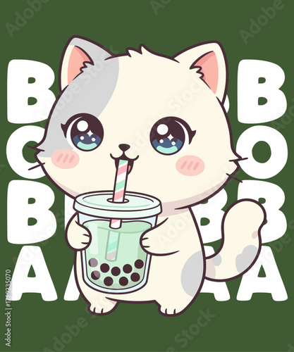 Cute Cat Drinking Boba Tea T-Shirt Design – Adorable Bubble Tea Kitty Illustration, Funny Kawaii Cartoon Pet Graphic for Cat Lovers, Cute Animal Artwork, Sublimation Print