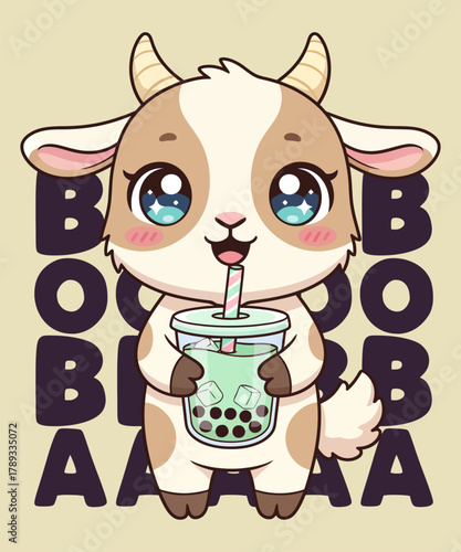 Cute Baby Goat Drinking Boba Tea T-Shirt Design – Adorable Bubble Tea Animal Illustration, Funny Kawaii Cartoon Farm Animal Graphic for Animal Lovers, Cute Artwork, Sublimation Print