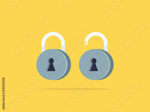 Round silver padlocks, one locked and one unlocked. Flat security vector for successful login and data safety