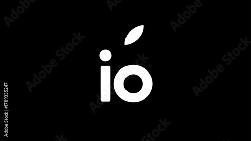 Minimalist white 'io' text icon with an organic leaf design on the dot, contrasted against a solid black background.