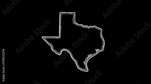 Minimalist white outline map of the state of Texas on a dark background, symbolizing regional identity and US geography.