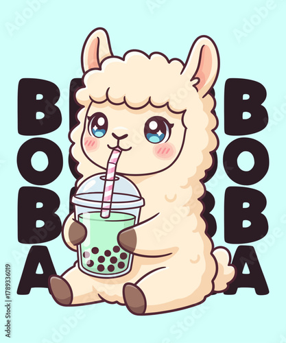 Cute Llama Drinking Boba Tea T-Shirt Design – Adorable Bubble Tea Animal Illustration, Funny Kawaii Cartoon Llama Graphic for Animal Lovers, Cute Artwork, Sublimation Print