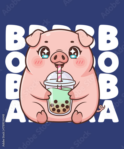Cute Pig Drinking Boba Tea T-Shirt Design – Adorable Bubble Tea Animal Illustration, Funny Kawaii Cartoon Farm Animal Graphic for Animal Lovers, Cute Artwork, Sublimation Print