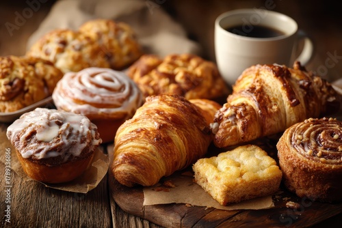 Assorted Breakfast Pastries on a Rustic Wooden Table with Morning Coffee