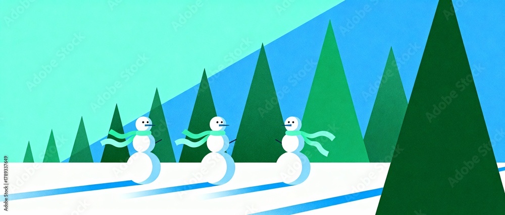 Obraz premium Three snowmen with scarves walk through a snowy forest with green pine trees