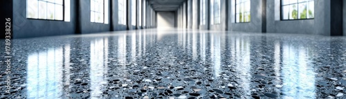Gray epoxy coating with blue black white chips concept. Spacious interior view with shiny concrete floor and large windows.