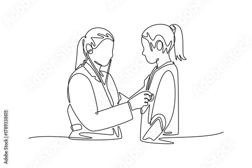 female doctor or pediatrician with stethoscope listening to heartbeat girl's patient. Doctor and patient concept. Single line draw design. Vector graphic illustration