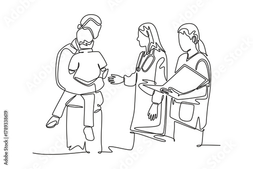 Happy paediatrician talking to a small boy who came with his father in the hospital. Doctor and patient concept. Single line draw design. Vector graphic illustration