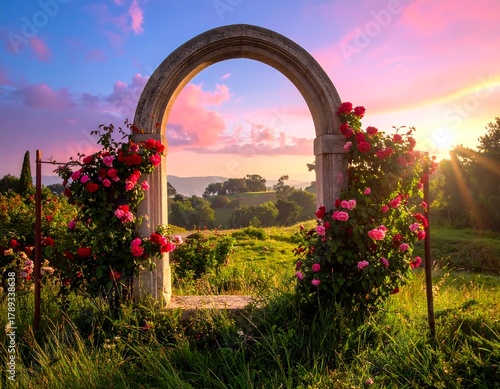 Fototapeta Naklejka Na Ścianę i Meble -  Arched stone doorway covered with roses framing a sunset landscape